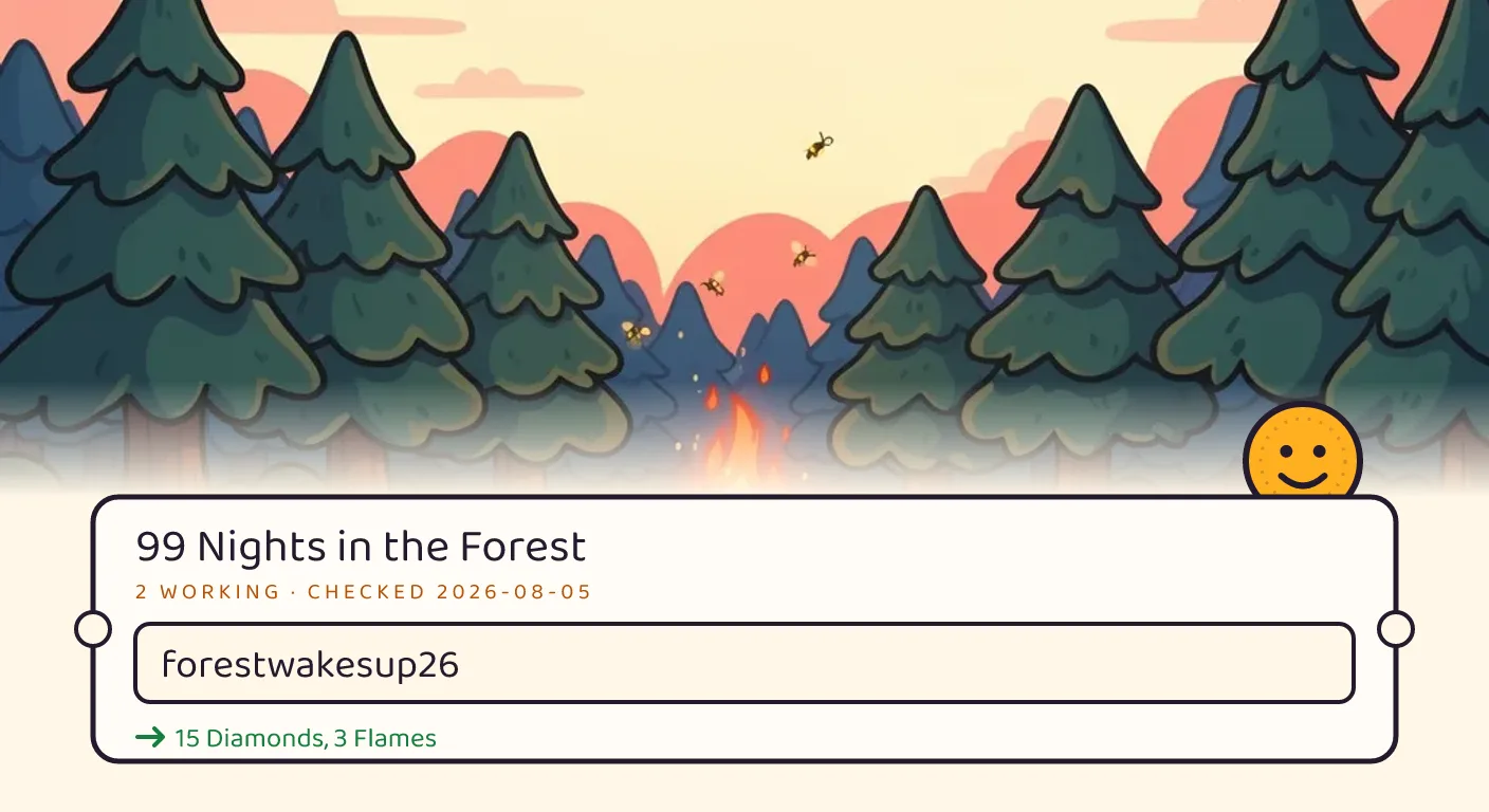 A 99 Nights in the Forest themed scene above a code card showing the working code forestwakesup26 and its reward: 15 Diamonds, 3 Flames, checked September 14, 2026