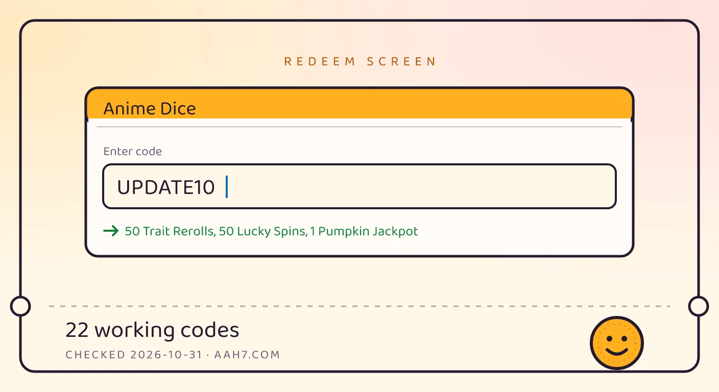 A Anime Dice themed scene above a code card showing the working code UPDATE10 and its reward: 50 Trait Rerolls, 50 Lucky Spins, 1 Pumpkin Jackpot, checked October 31, 2026
