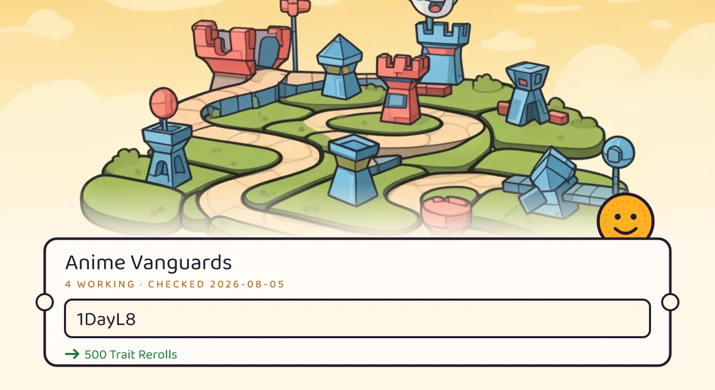 A Anime Vanguards themed scene above a code card showing the working code Assault and its reward: 100 Trait Rerolls, checked September 14, 2026