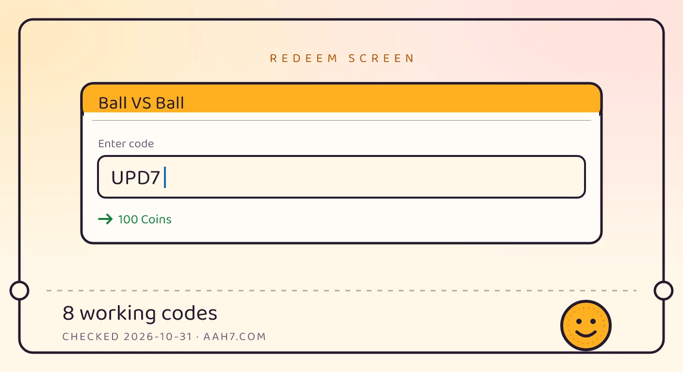 A Ball VS Ball themed scene above a code card showing the working code UPD7 and its reward: 100 Coins, checked October 31, 2026