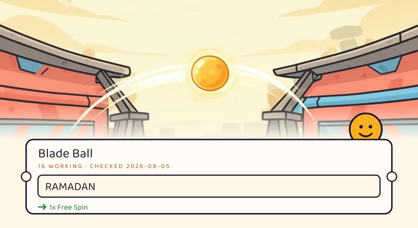 A Blade Ball themed scene above a code card showing the working code RAMADAN and its reward: 1x Free Spin, checked September 14, 2026