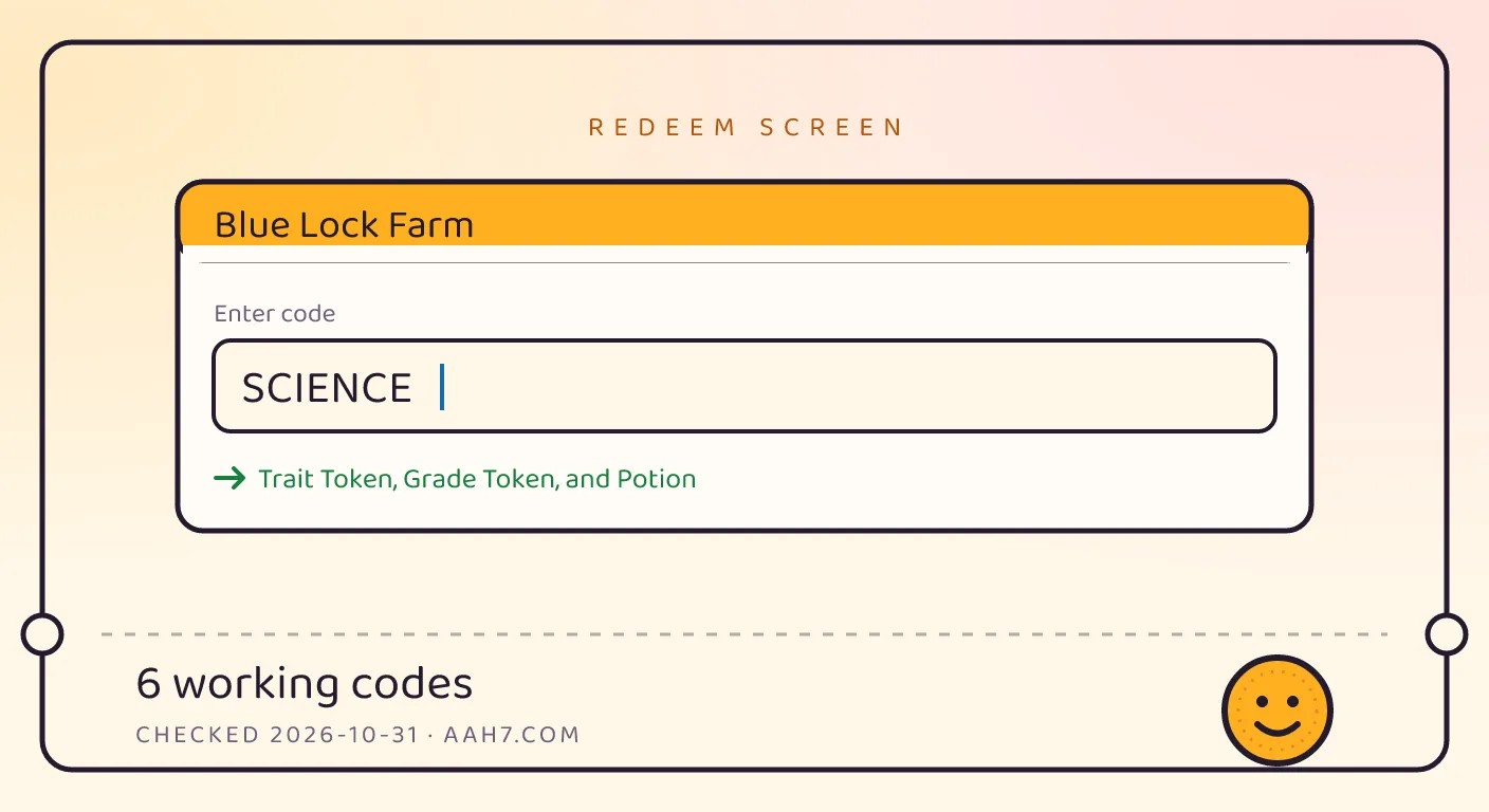 A Blue Lock Farm themed scene above a code card showing the working code SCIENCE and its reward: Trait Token, Grade Token, and Potion, checked October 31, 2026