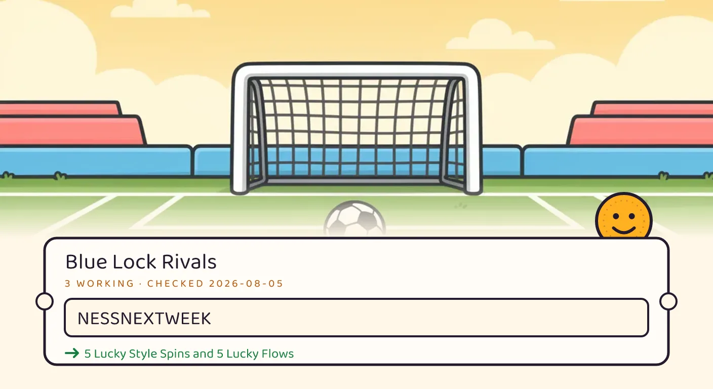 A Blue Lock Rivals themed scene above a code card showing the working code NIKOHERE and its reward: 5 Lucky Spins and 5 Lucky Flows, checked September 14, 2026