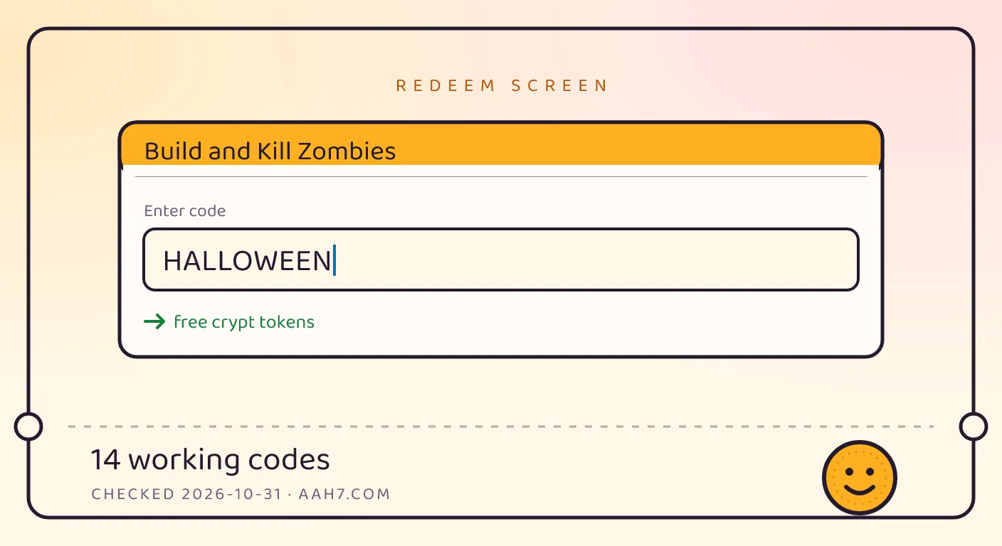 A Build and Kill Zombies themed scene above a code card showing the working code HALLOWEEN and its reward: free crypt tokens, checked October 31, 2026