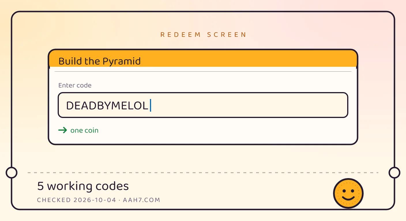 A Build the Pyramid themed scene above a code card showing the working code SUNGOD and its reward: 25k coins, checked October 3, 2026