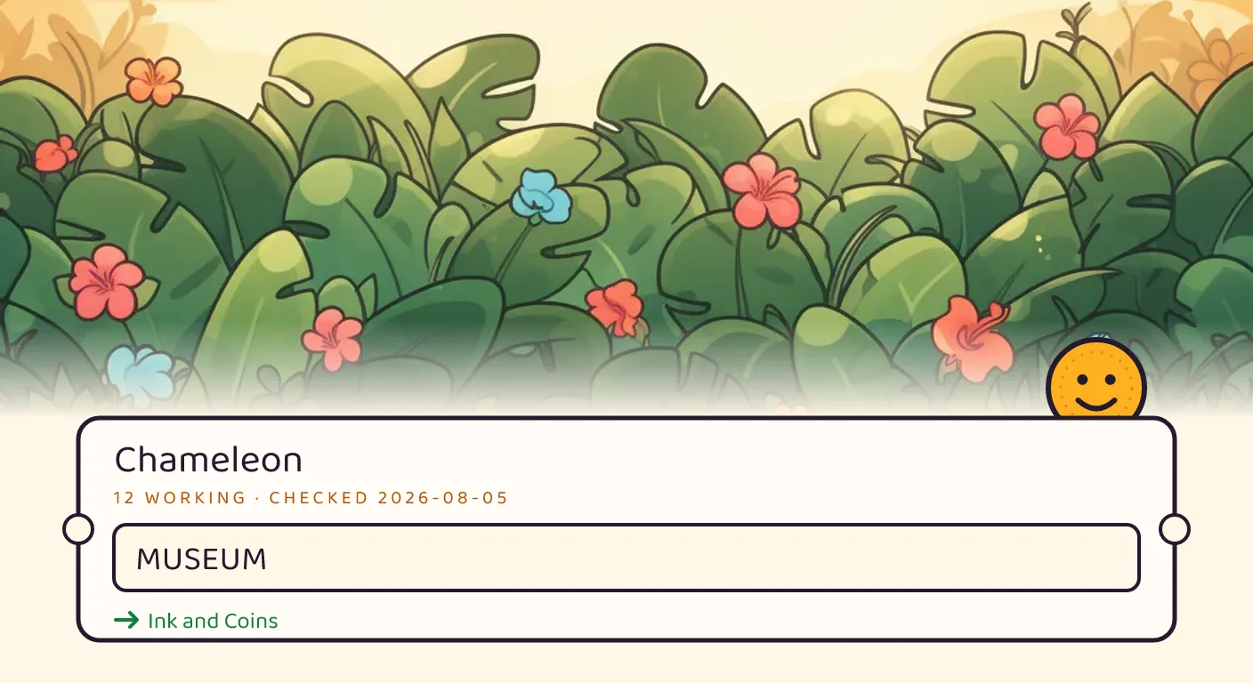 A Chameleon themed scene above a code card showing the working code MUSEUM and its reward: Ink and Coins, checked September 15, 2026