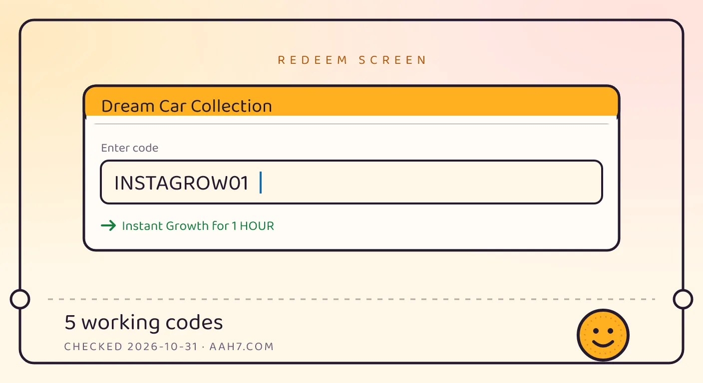 A Dream Car Collection themed scene above a code card showing the working code INSTAGROW01 and its reward: Instant Growth for 1 HOUR, checked October 31, 2026