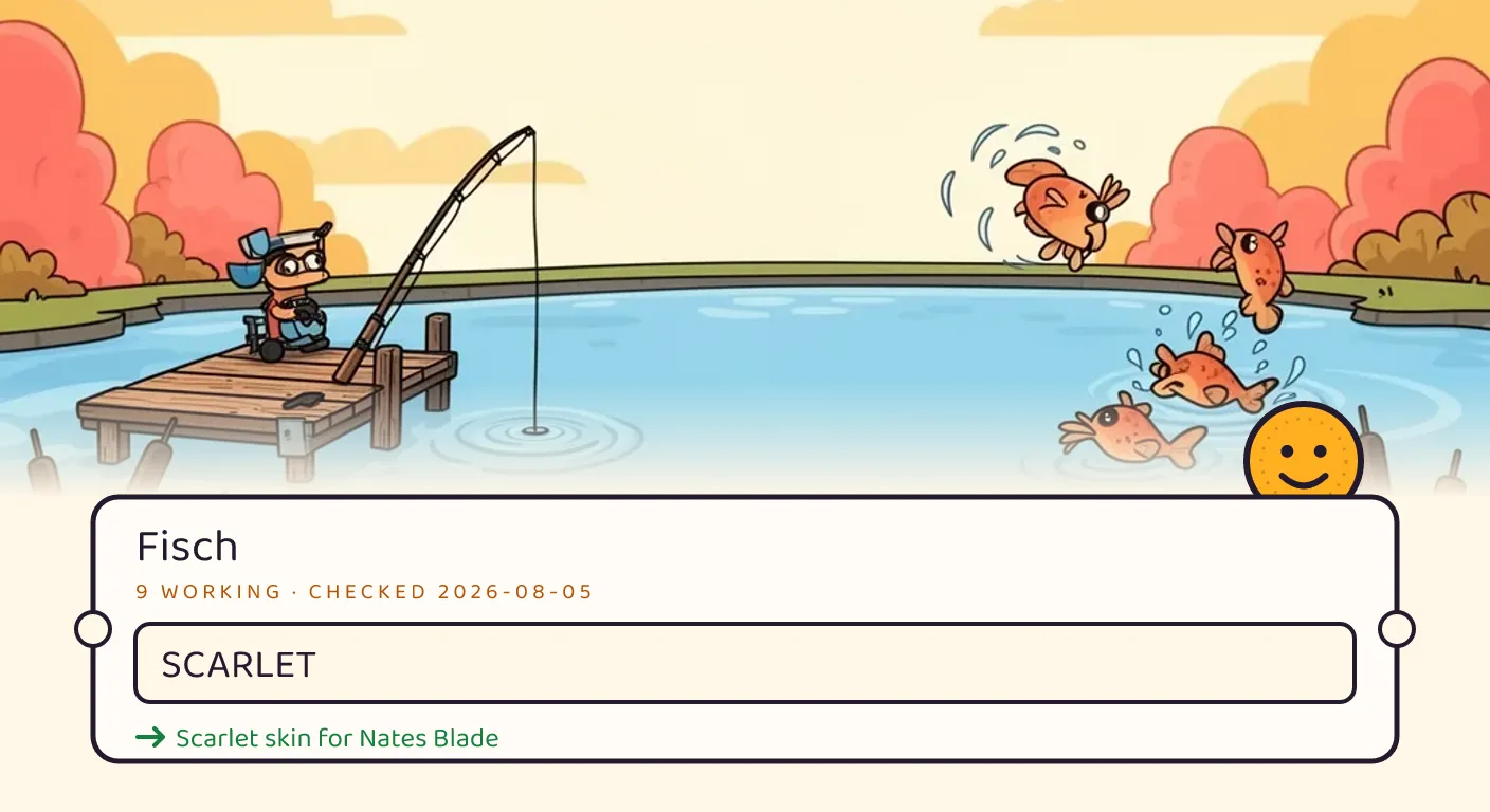 A Fisch themed scene above a code card showing the working code SCARLET and its reward: Scarlet skin for Nates Blade, checked September 14, 2026