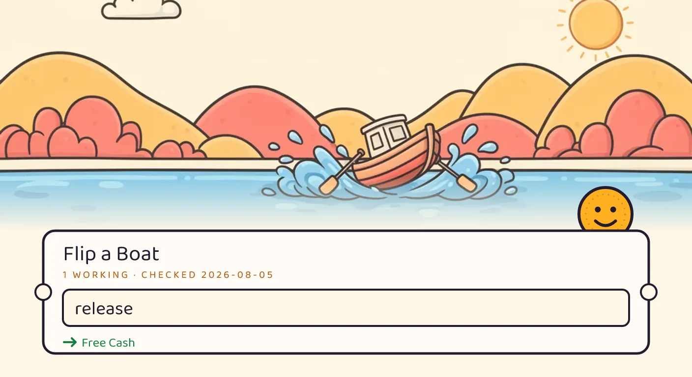 A Flip a Boat themed scene above a code card showing the working code hotfix and its reward: Free Cash, checked September 15, 2026