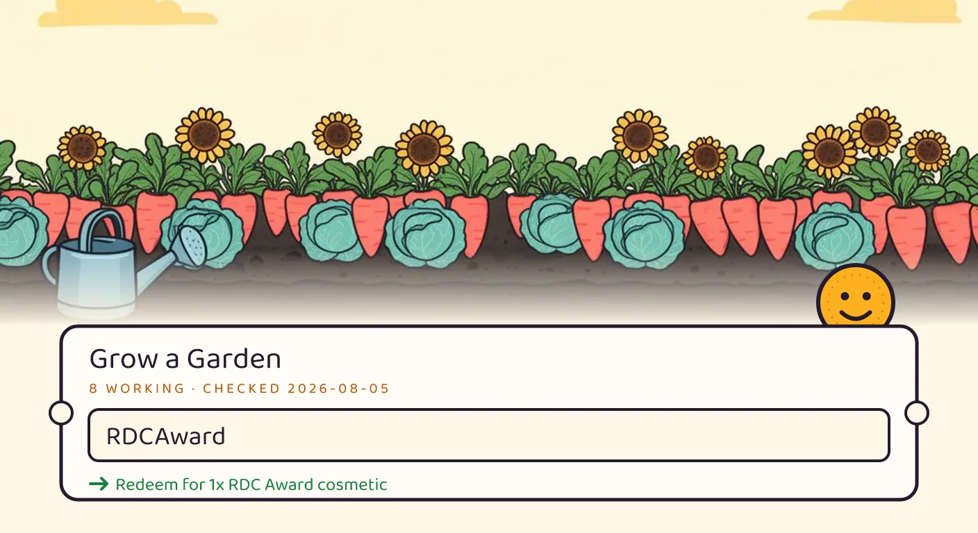 A Grow a Garden themed scene above a code card showing the working code RDCAward and its reward: Redeem for 1x RDC Award cosmetic, checked September 14, 2026