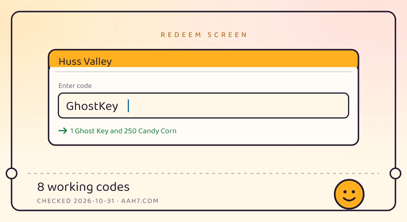 A Huss Valley themed scene above a code card showing the working code GhostKey and its reward: 1 Ghost Key and 250 Candy Corn, checked October 31, 2026