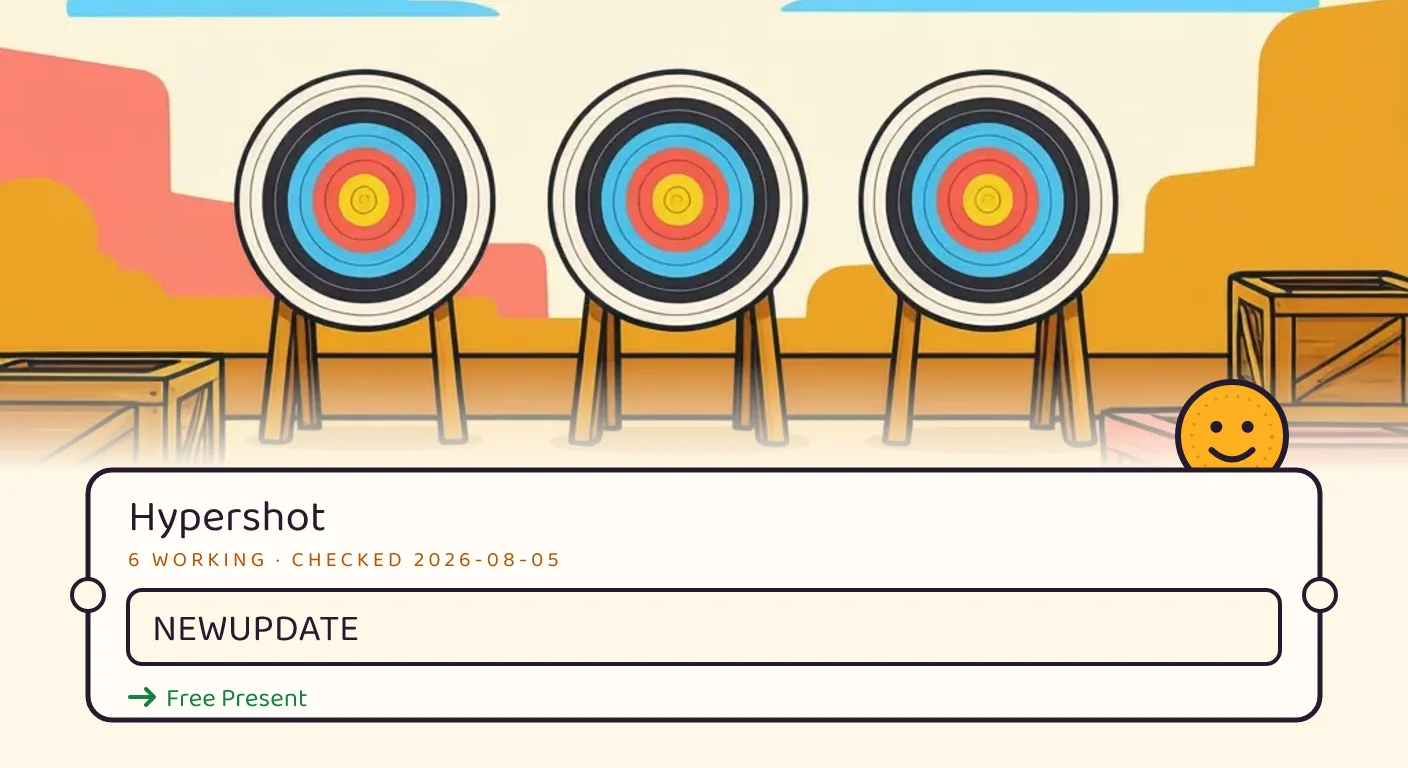 A Hypershot themed scene above a code card showing the working code NEWUPDATE and its reward: Free Present, checked September 14, 2026