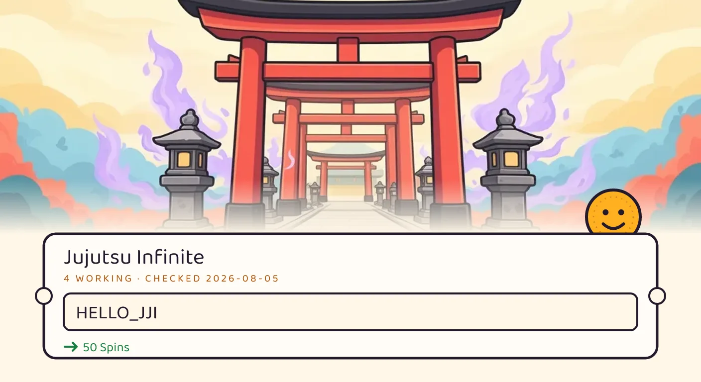 A Jujutsu Infinite themed scene above a code card showing the working code HELLO_JJI and its reward: 50 Spins, checked September 14, 2026