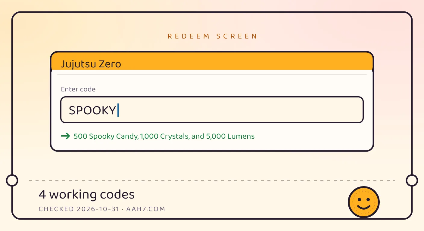 A Jujutsu Zero themed scene above a code card showing the working code SPOOKY and its reward: 500 Spooky Candy, 1,000 Crystals, and 5,000 Lumens, checked October 31, 2026