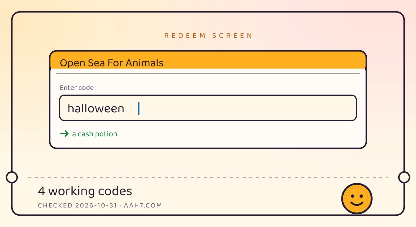A Open Sea For Animals themed scene above a code card showing the working code halloween and its reward: a cash potion, checked October 31, 2026