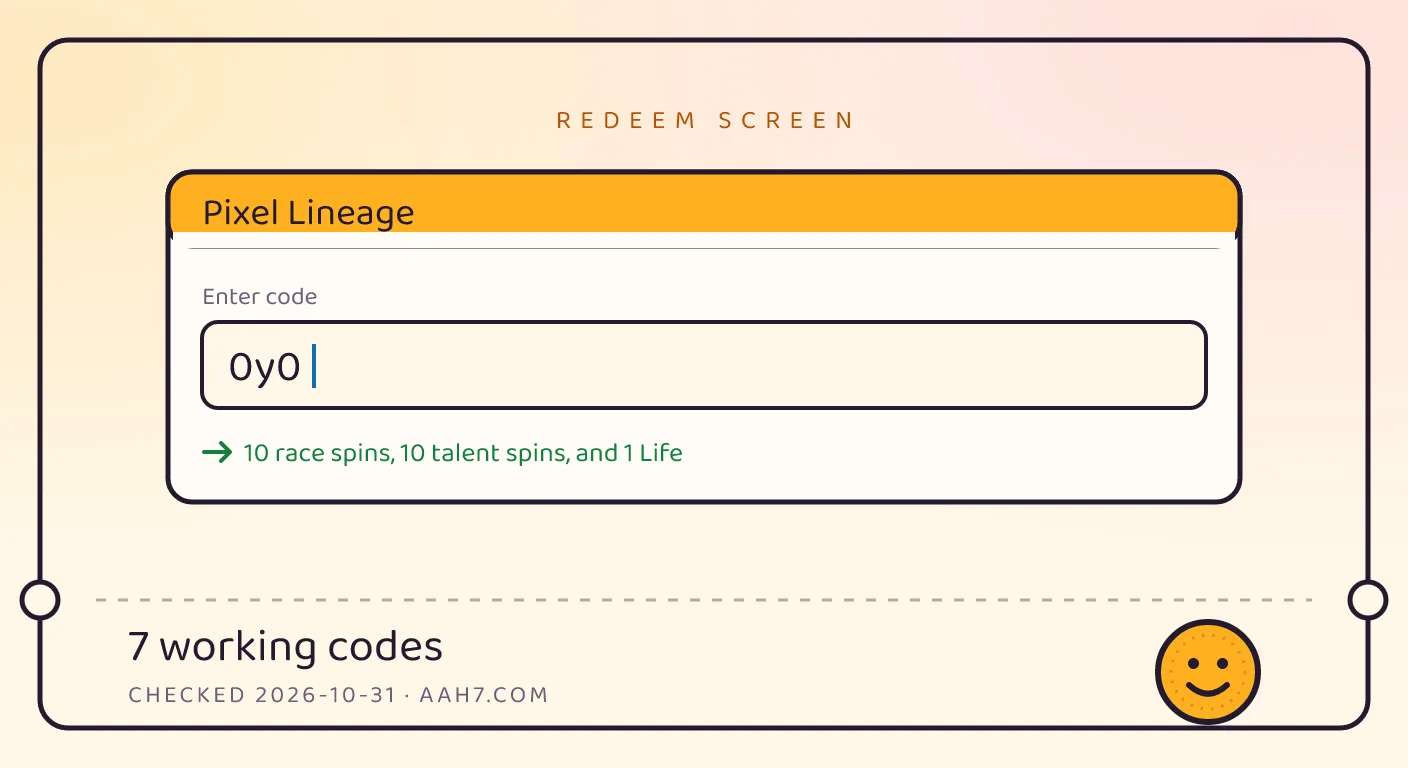 A Pixel Lineage themed scene above a code card showing the working code 0y0 and its reward: 10 race spins, 10 talent spins, and 1 Life, checked October 31, 2026