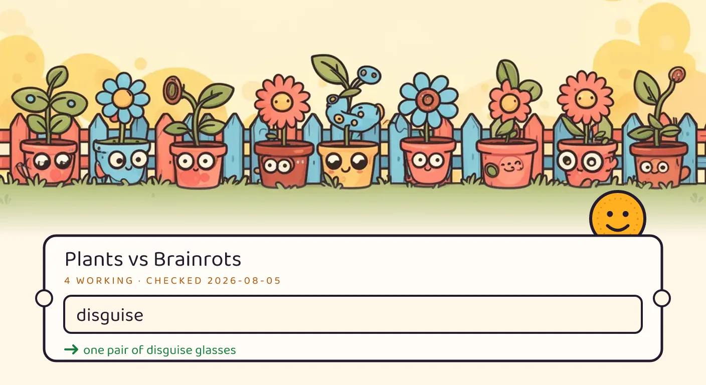 A Plants vs Brainrots themed scene above a code card showing the working code disguise and its reward: one pair of disguise glasses, checked September 14, 2026