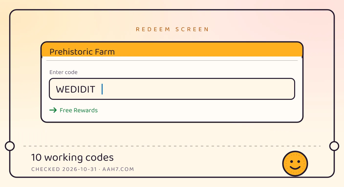 A Prehistoric Farm themed scene above a code card showing the working code WEDIDIT and its reward: Free Rewards, checked October 31, 2026