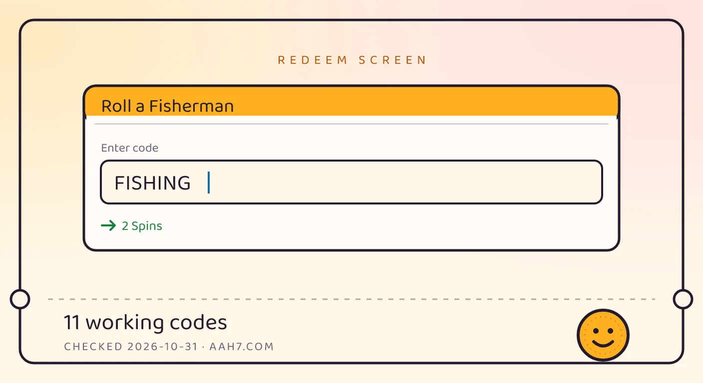 A Roll a Fisherman themed scene above a code card showing the working code FISHING and its reward: 2 Spins, checked October 31, 2026