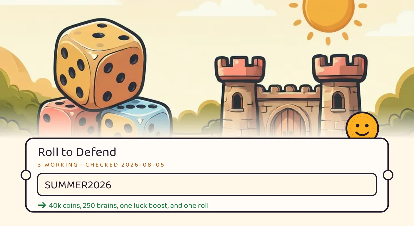 A Roll to Defend themed scene above a code card showing the working code SUMMER2026 and its reward: code 40k coins, 250 brains, one luck boost, and one roll boost, checked September 15, 2026