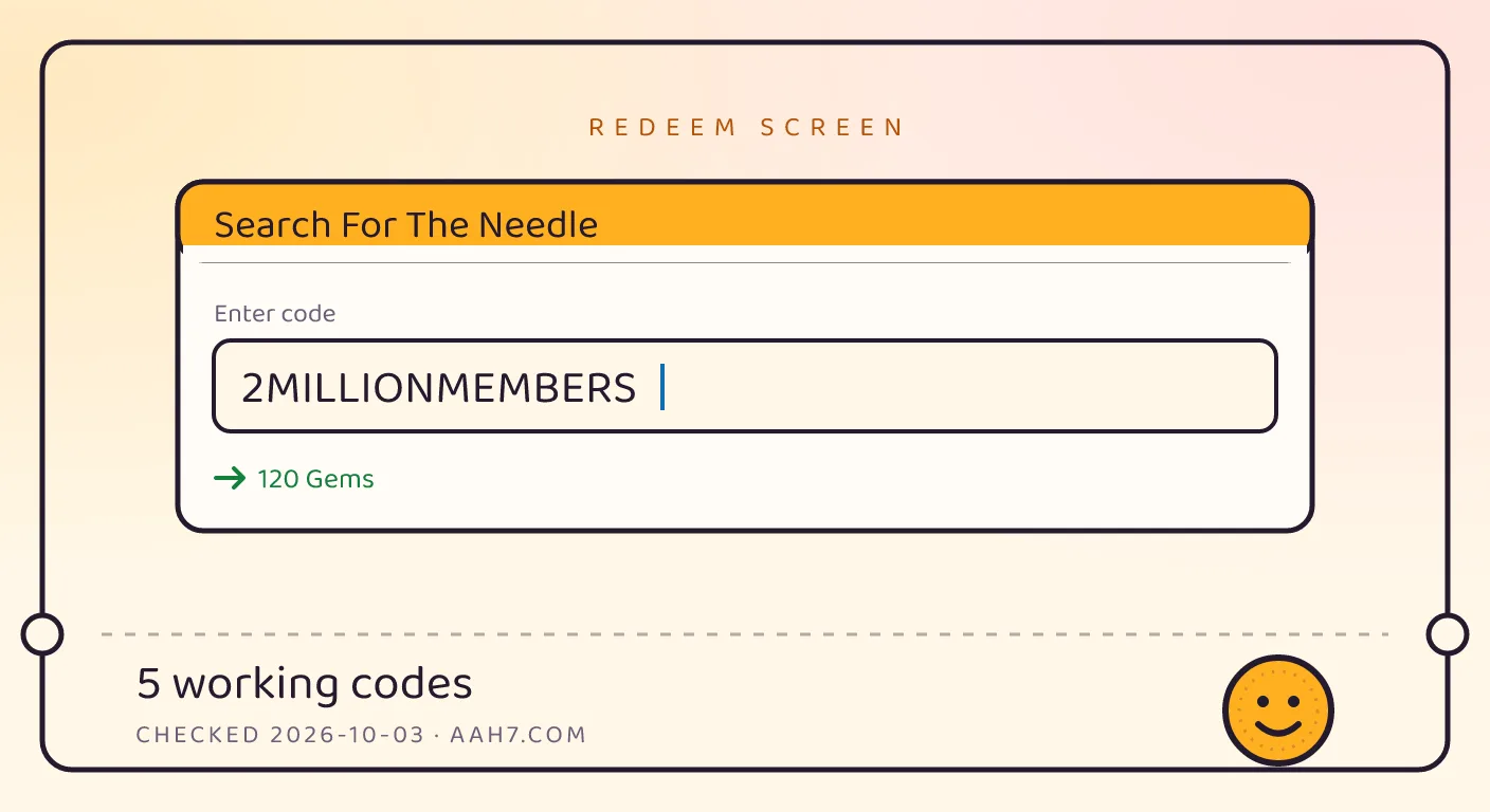 A Search For The Needle themed scene above a code card showing the working code 2MILLIONMEMBERS and its reward: 120 Gems, checked October 4, 2026