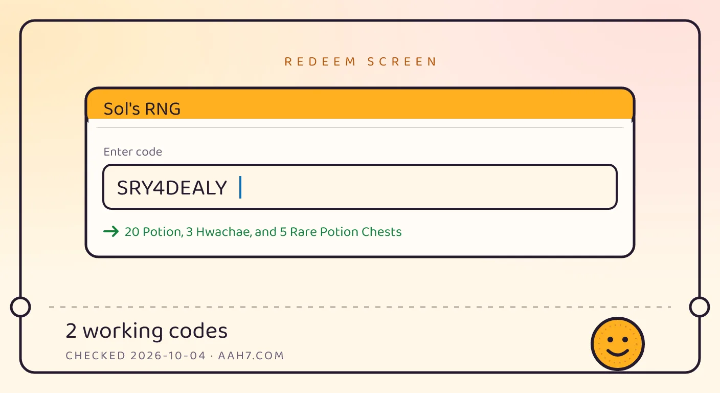 A Sol's RNG themed scene above a code card showing the working code SRY4DEALY and its reward: 20 Potion, 3 Hwachae, and 5 Rare Potion Chests, checked October 4, 2026