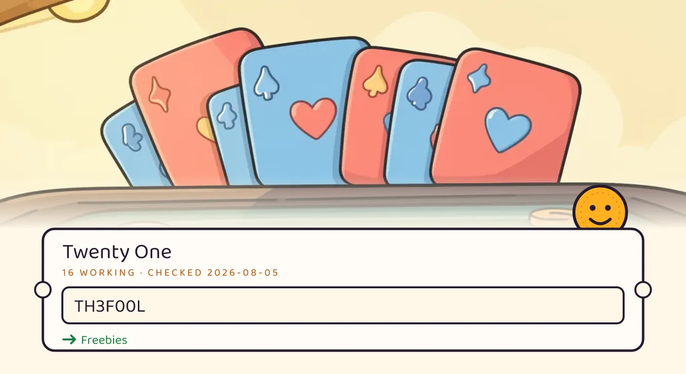 A Twenty One themed scene above a code card showing the working code WEAREBACK4MORE and its reward: Freebies, checked September 14, 2026