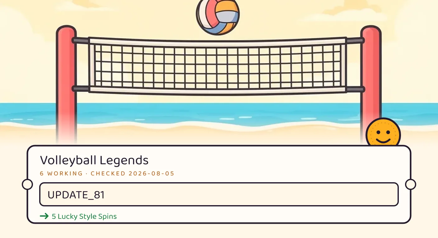 A Volleyball Legends themed scene above a code card showing the working code UPDATE_86 and its reward: 5 Lucky Style Spins, checked September 14, 2026