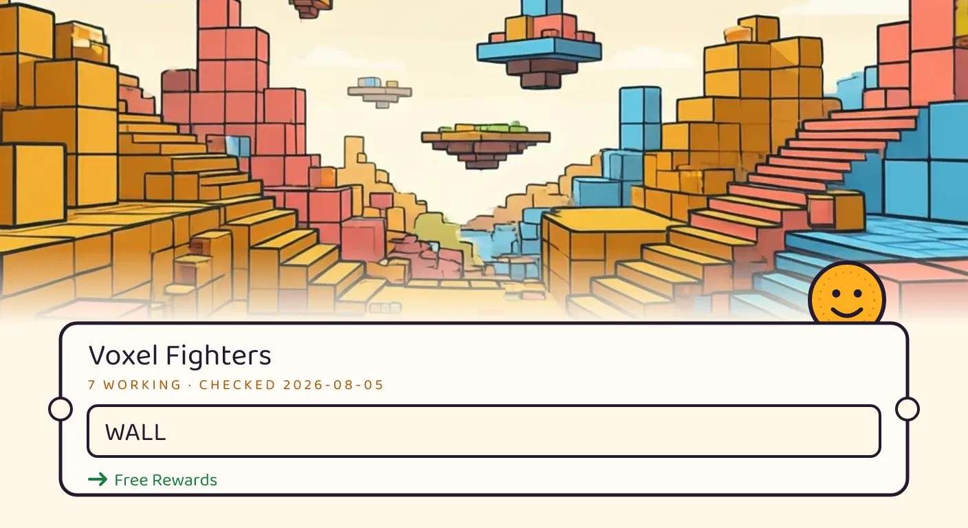 A Voxel Fighters themed scene above a code card showing the working code WALL and its reward: Free Rewards, checked September 14, 2026