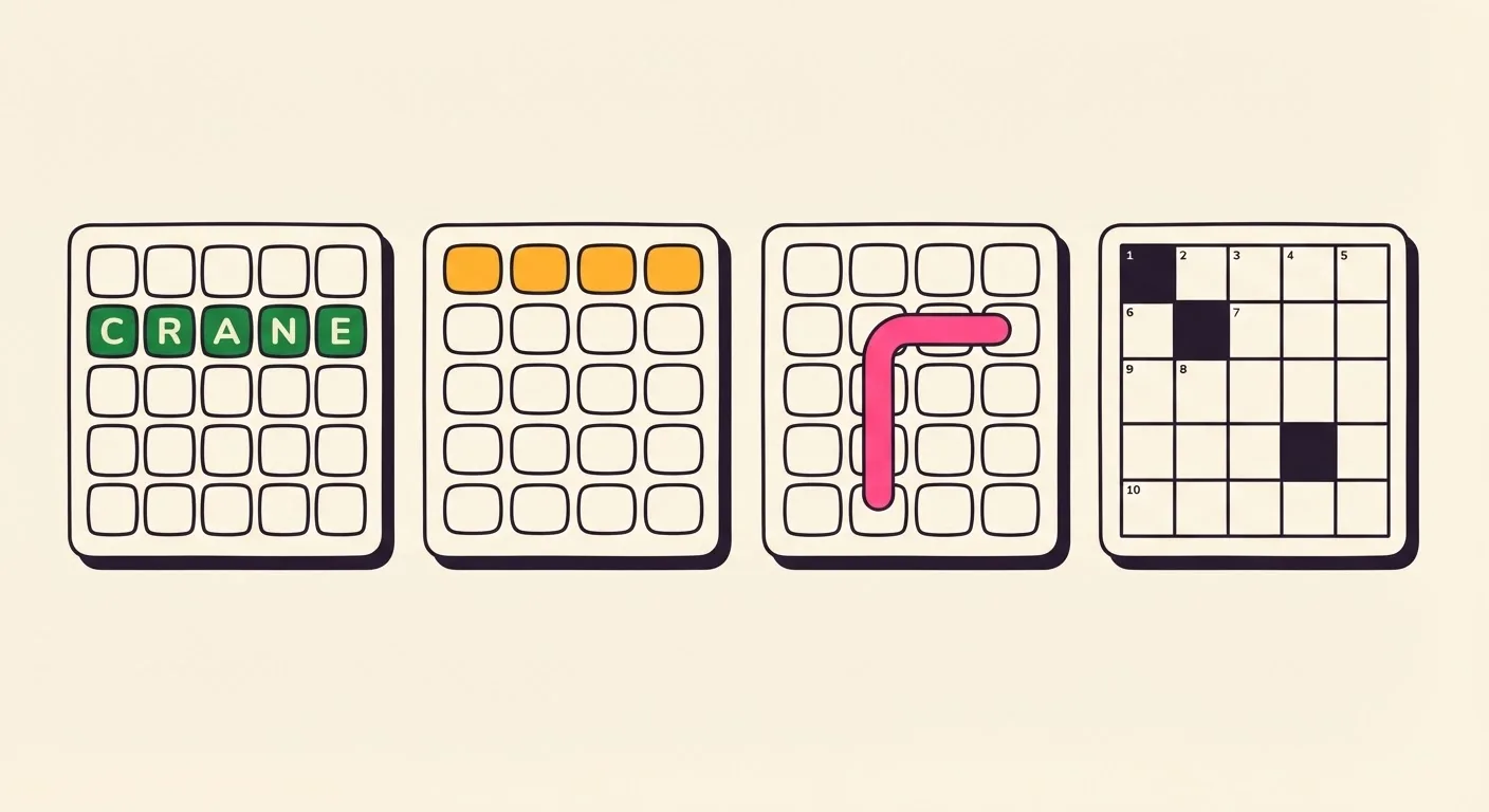 Four different puzzle boards side by side: a five-letter word grid with CRANE solved in green, a four-by-four grouping grid with one amber row, a letter-search grid with a single pink path, and a five-by-five mini crossword