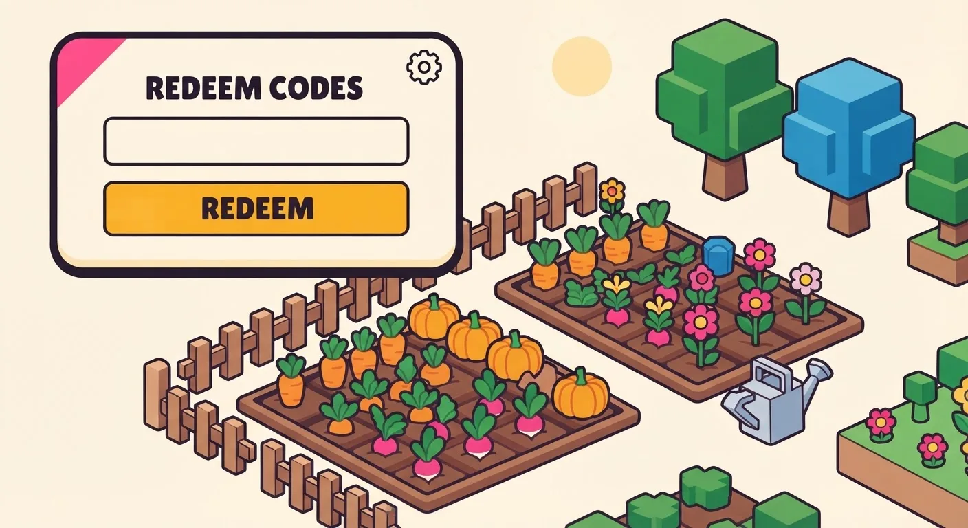 A blocky farming game world with a Redeem Codes panel open in the top-left corner of the screen: a cogwheel icon, an empty text box and a wide amber REDEEM button