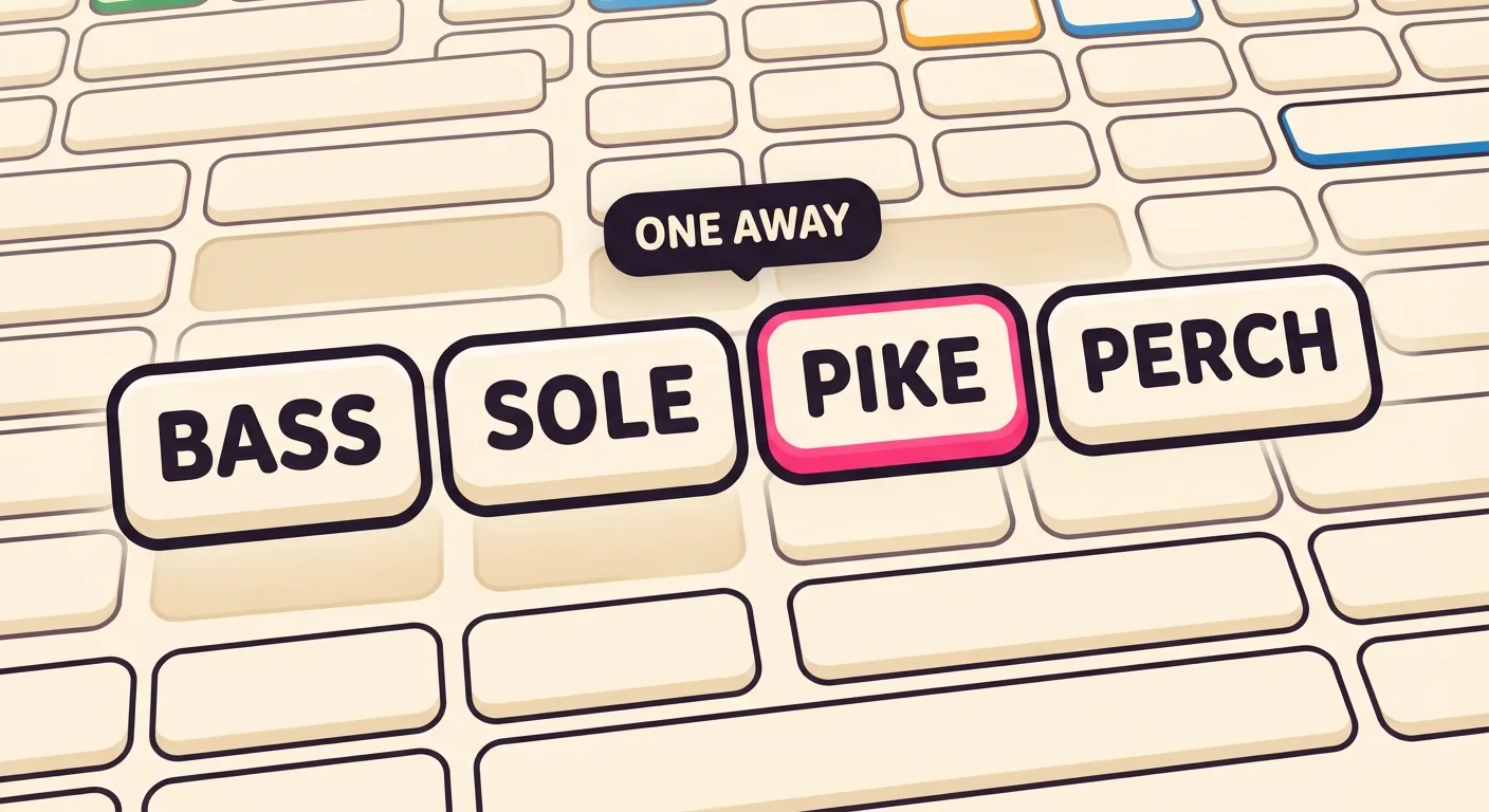 Four selected word tiles reading BASS, SOLE, PIKE and PERCH, with a dark One Away message floating above them; the PIKE tile is ringed in pink