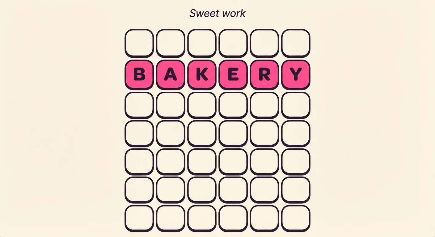 A Strands board under the clue "Sweet work": the whole second row is highlighted pink and spells BAKERY, touching both the left and the right side of the board, while every other tile is blank