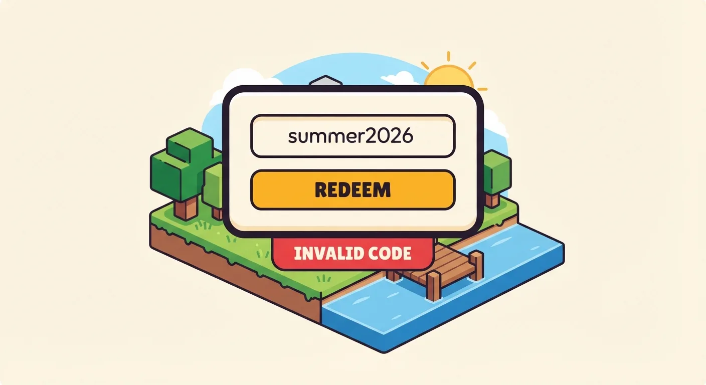 A game's code panel floating over a blocky island world: the code has been typed in lowercase as summer2026, and a red bar under the panel reads INVALID CODE