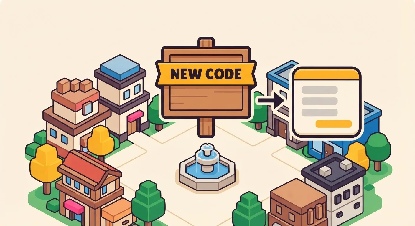 A blocky game town square with a wooden announcement board carrying an amber NEW CODE banner, and an arrow leading from it to a chat window where the newest message is highlighted