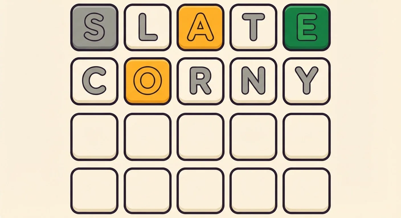 A word-game board with SLATE spelled across the top row — the A tile amber, the E tile green, the rest grey — and CORNY in the second row with the O tile amber; the remaining rows are empty