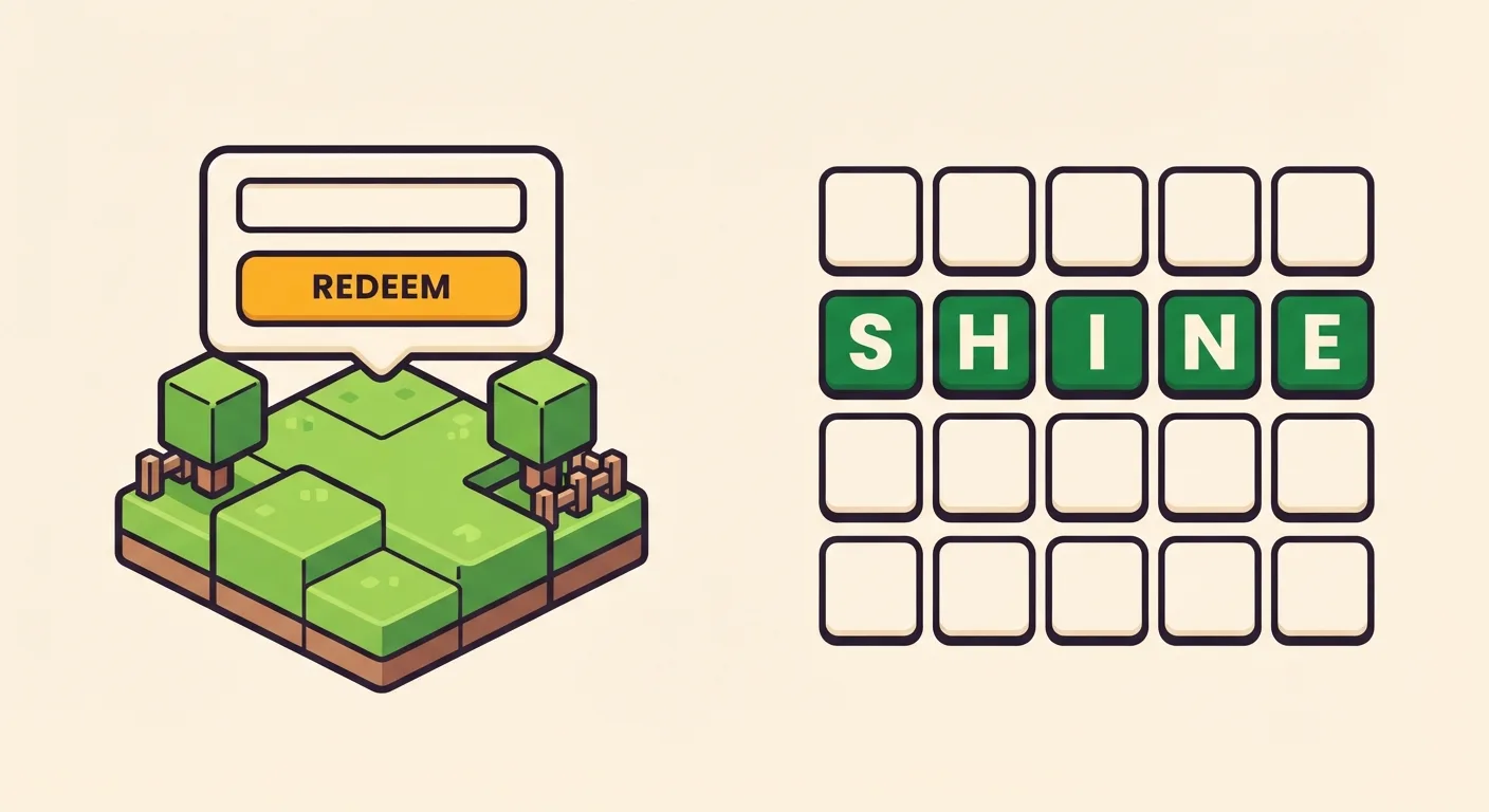 On the left a blocky game world with a code box and a REDEEM button; on the right a five-letter word board with green and amber tiles