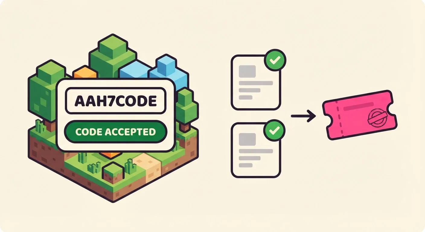 A game's code box with a code typed in and a green 'CODE ACCEPTED' banner under it, next to two separate source cards each marked with a green tick