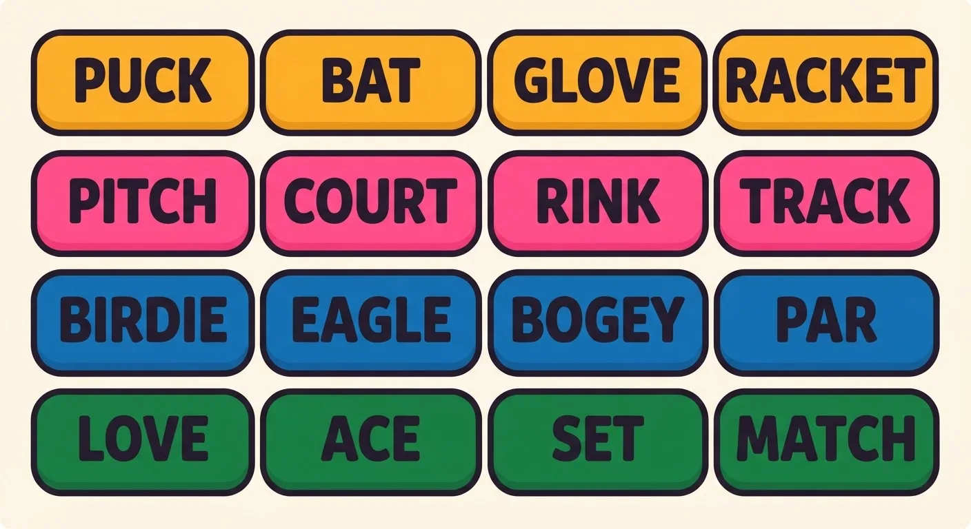 A solved Connections Sports Edition board: sixteen sports word tiles in four coloured groups of four — equipment, venues, golf scores and tennis scoring