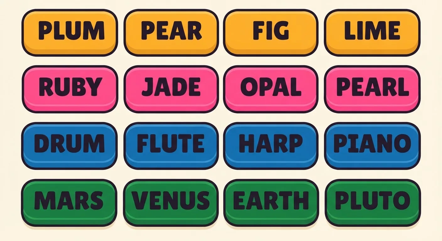 A solved Connections-style board: sixteen word tiles sorted into four coloured rows of four — fruits, gemstones, instruments and planets