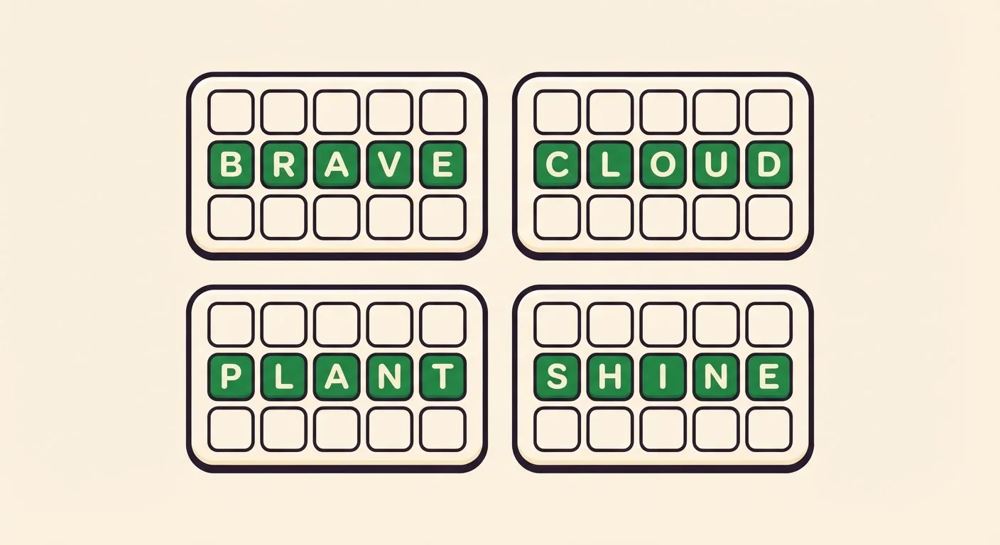 Four small word boards in a two by two block, each with one finished green row spelling BRAVE, CLOUD, PLANT and SHINE respectively