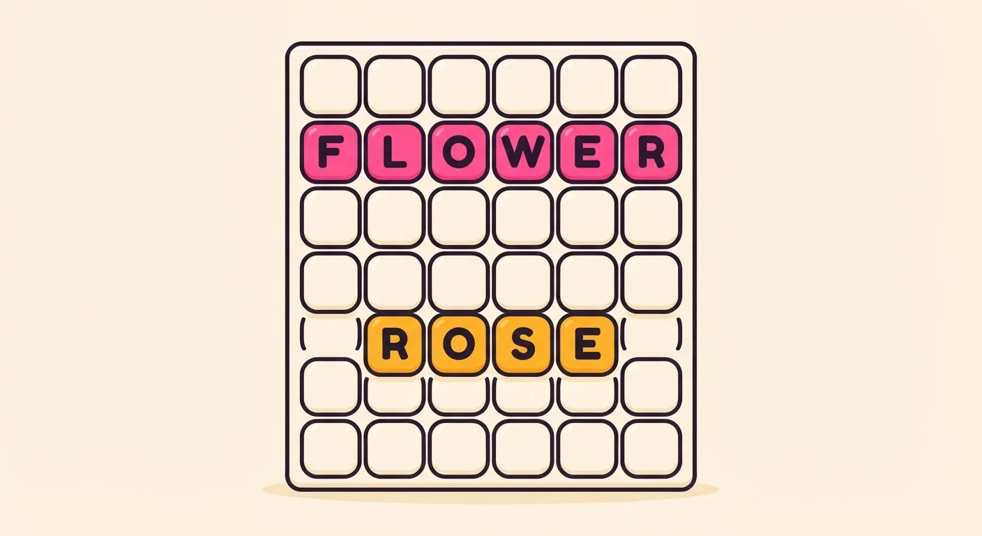 A tall Strands-style board six tiles wide, mostly blank, with two highlighted rows: a pink one spelling FLOWER right across the board and a shorter amber one spelling ROSE