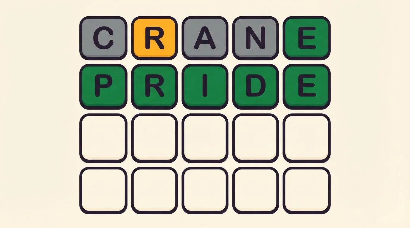 A Wordle-style board: the top row spells CRANE with the R amber and the E green, the row below spells PRIDE in five green tiles, and the remaining rows are empty